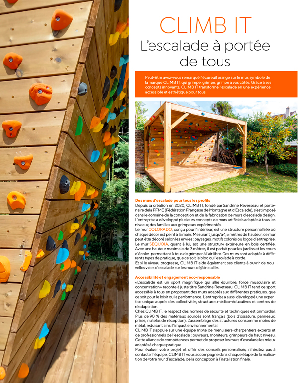 Article presse mur d'escalade CLIMB IT. Un article sur les murs d'escalade intérieurs et extérieurs développés par CLIMB IT fabricant de murs d'escalade